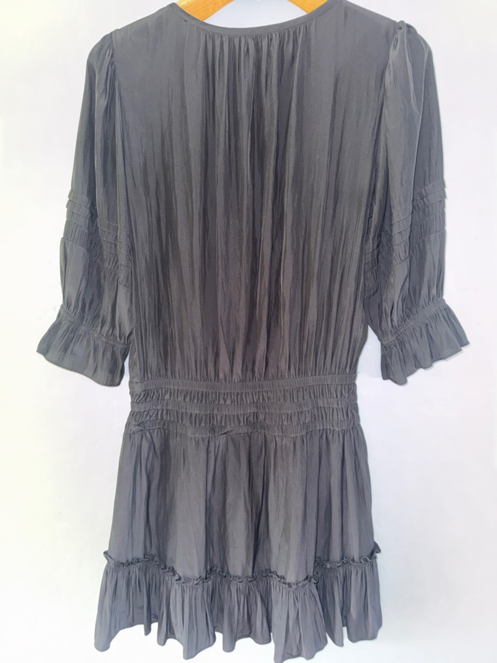 RAMY BROOK Black Dress Sz L Drop Waist Ruffle Hem Tie Neck Modern Elegance - Picture 6 of 16
